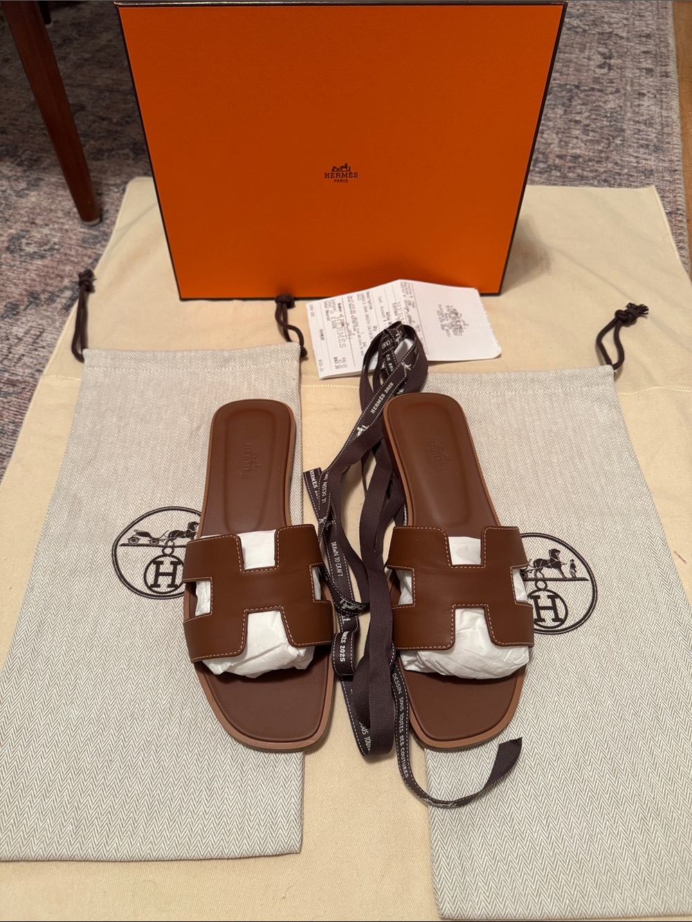 Hermes Brown Leather 'H' Slide Sandals - Women's